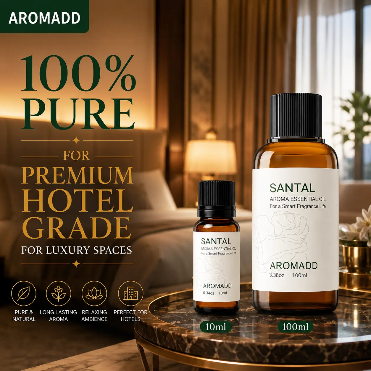 Aromadd Santal Hotel Scents Diffuser Oil 3.38 fl oz 100mL Luxury Waterless Essential Oils for Home Office Long Lasting Aromatherapy 100% Pure Plant Oil Blend aroma oil