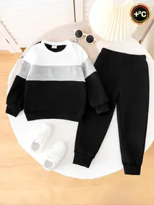 Boys' Fall & Winter Fleece Set, Colorblock Design, Round Neck Sweatshirt, Jogger Pants, Casual Style, Warm and Comfortable, Outfit, Clothing Sets