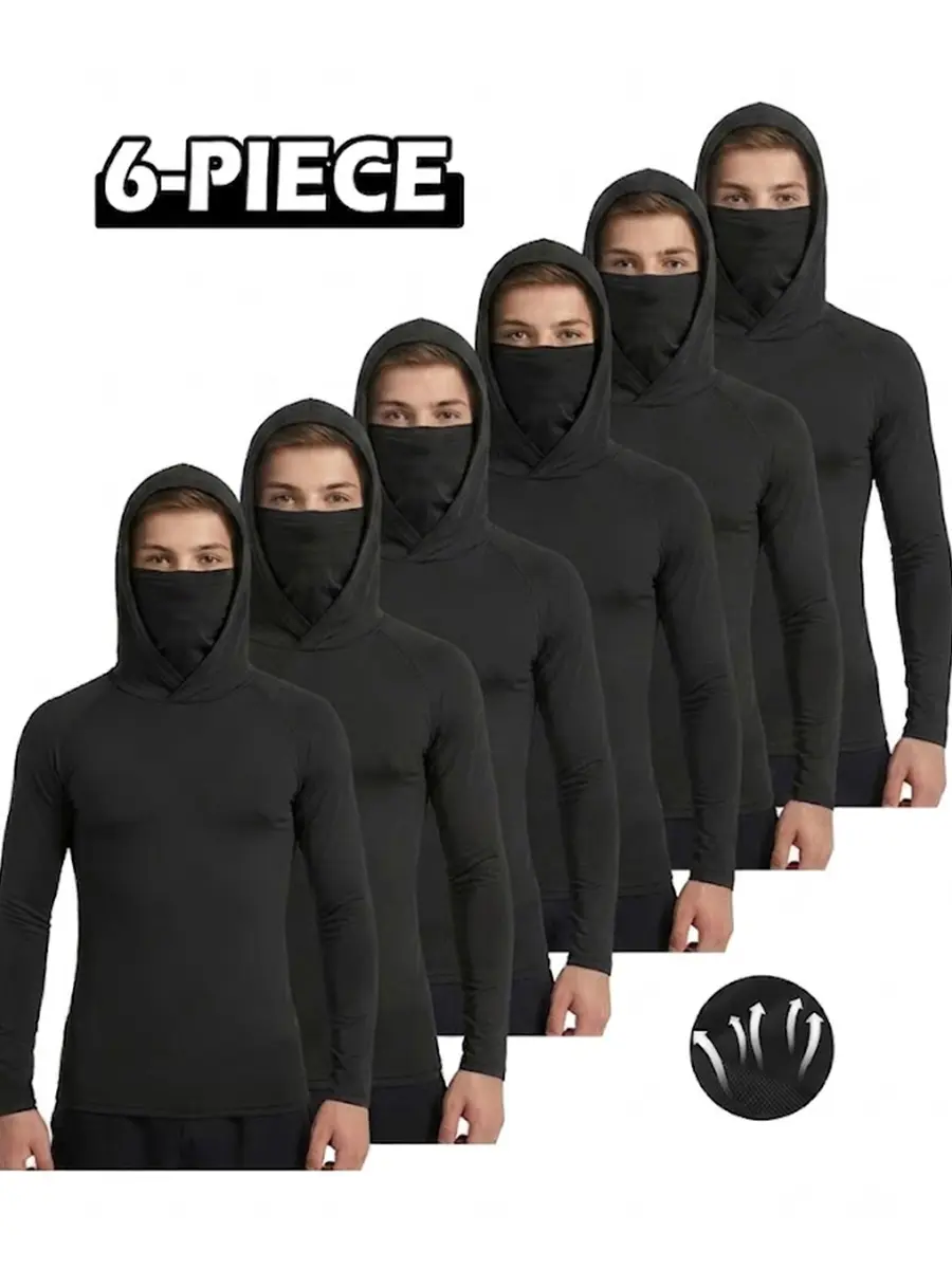 Men's 6-Pack Long Sleeve Outdoor Workout Hoodie Bundle - Casual Sportswear, Workout Gear, Sun Protection, Moisture Wicking, Stretch Fit, Windproof Sports T-Shirt, Hooded Neck, Fitness Apparel, Athletic Hoodies, Dry Fit Stretch, Polyester Blend, All Season
