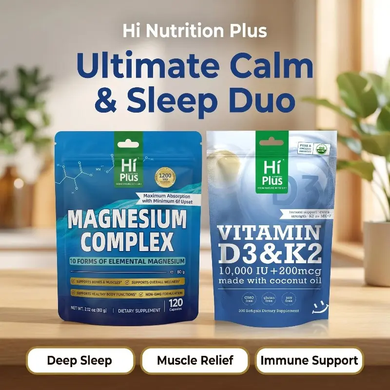 HiPlus Magnesium Complex 1200mg + Vitamin D3 & K2 Bundle | Sleep Support, Stress Relief, Immune & Bone Health, Muscle Recovery, High Absorption Daily Wellness Supplement