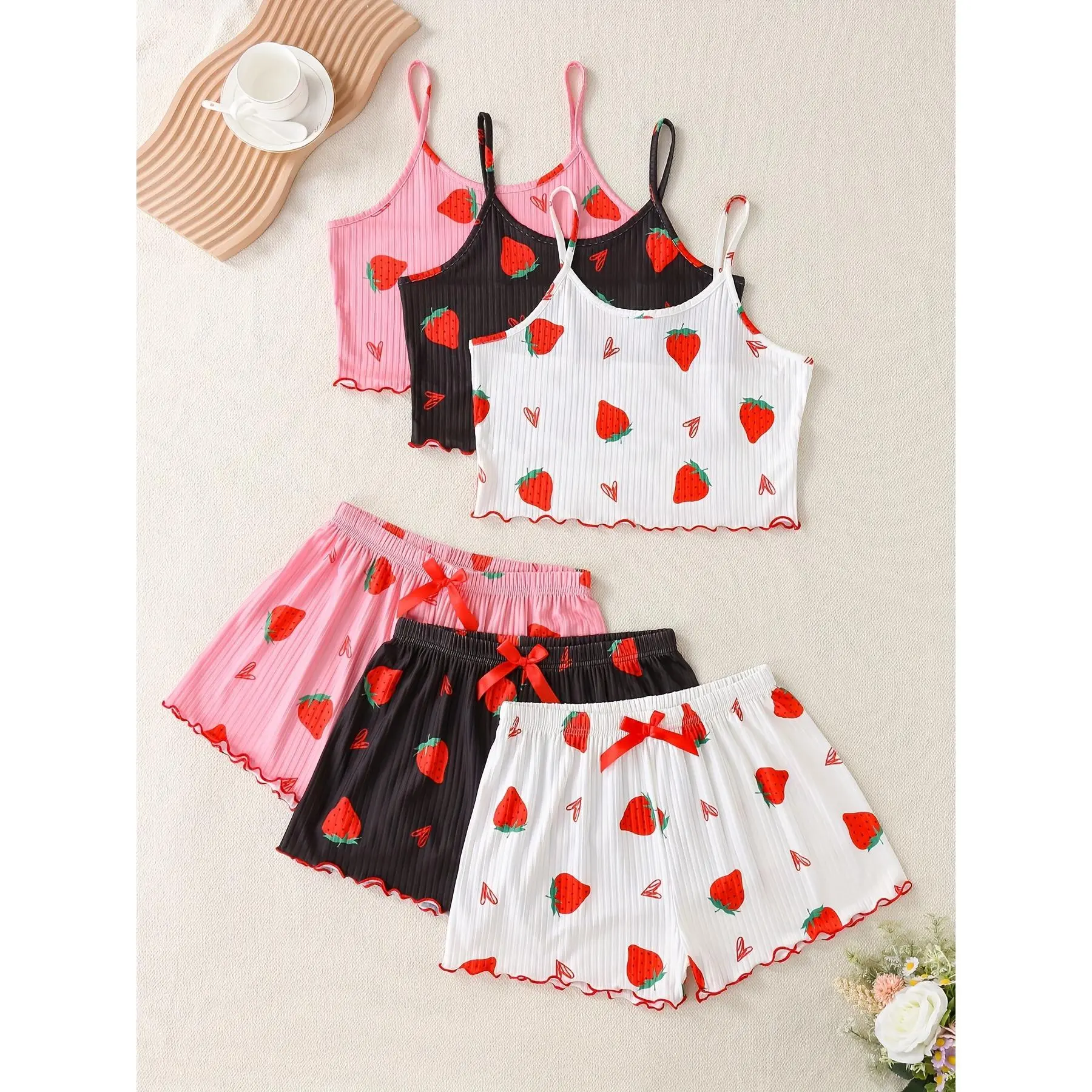 Cute and Sexy Pajama Set, Women's Strawberry Print Ribbed Nightwear, 2-Piece Frilly Halter Top and Shorts Loungewear, Lingerie, Pj Sets For Women, Heart, Polyester Fabric, Basic, Bow, Women's Sexywear
