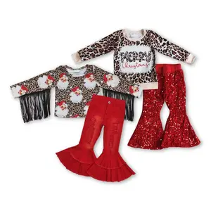 Kids Girl Christmas Outfit GIft Santa Claus Leopard Print Bell Bottoms Party Wear Set
