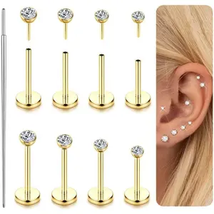MILACOLATO 14K Plated Gold Filled Threadless Nose Studs for Women Men-316L Surgical Steel Push in Flat Back Stud Earrings CZ Nose Nostril Tragus Helix Cartilage Conch Piercing Jewelry Hypoallergenic 20G 18G