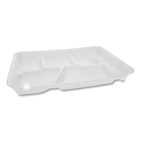 PCT 0TH10601SGBX White PS Foam Rectangular Sturdy Lightweight 6-Compartment School Lunch Tray - Portable 1.25" Depth Tableware for Employees' Lunch at Work & Portion Control