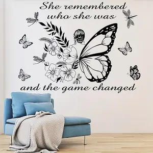 Inspirational Quote Wall Art with Modern Geometric Butterflies and Flowers, Removable Space-Themed Vinyl Decal for Bedroom and Living Room Decor, Decorative Wall Sticker