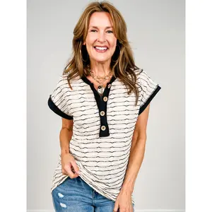 Short Sleeve Striped Henley Style Top
