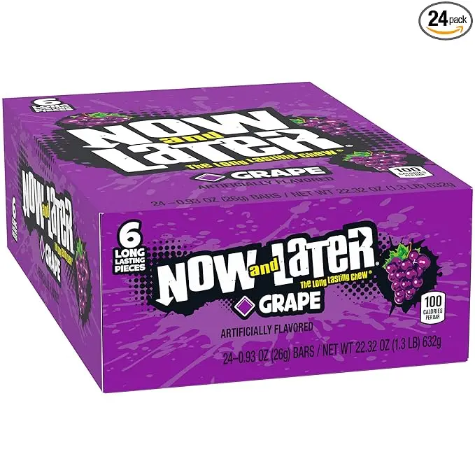 Now and Later Original Grape Flavor Chewy Taffy Candies - 6-Count Candy Pack, 0.93oz Low-Fat Tangy Sweet American Fall Snack Treat