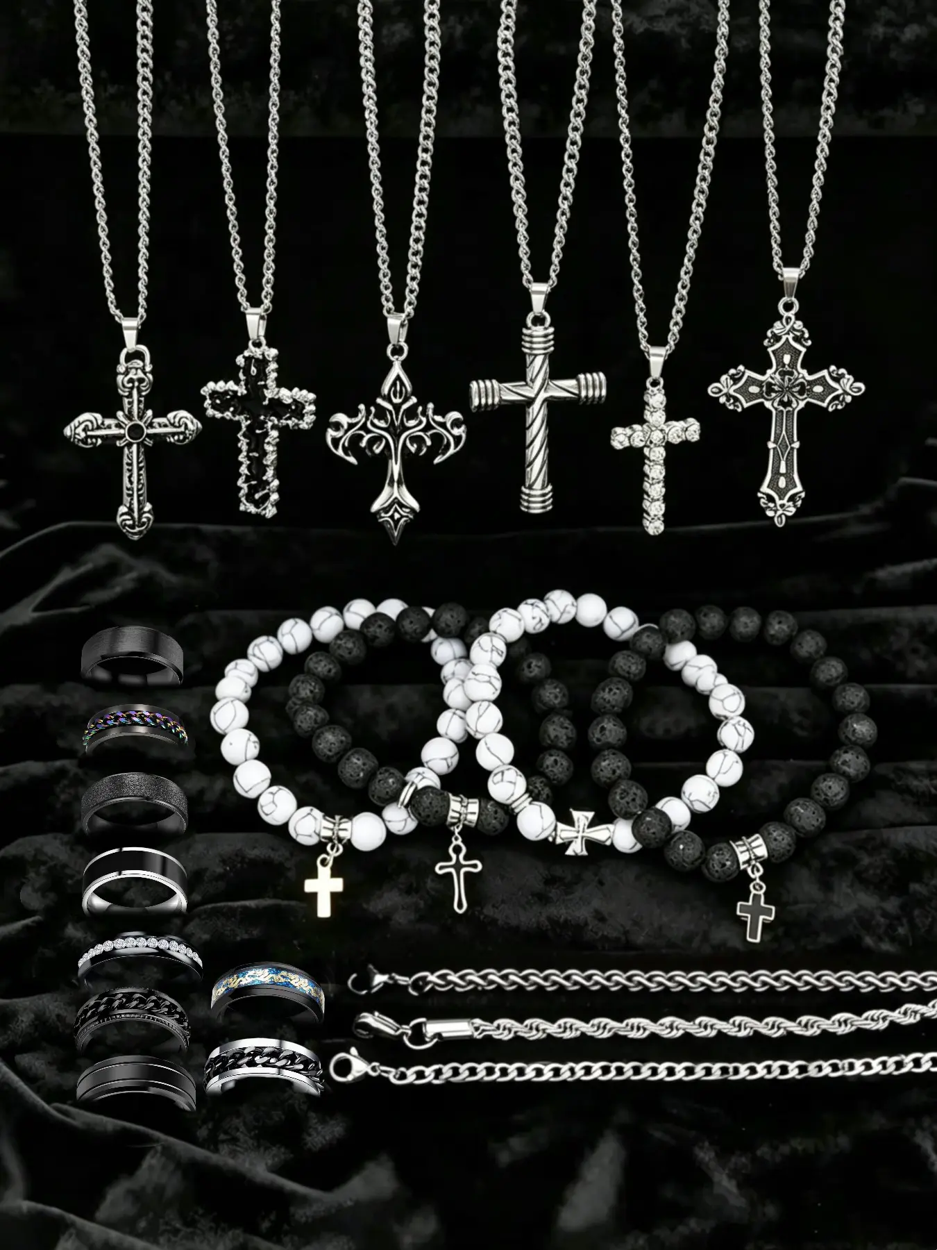 22-Piece Men's Stainless Steel Fashionable Costume Jewelry Set, Necklace and Bracelet Set, Gothic Cross Necklace, Volcanic Stone Bracelet, Stackable Rings, Punk Hip-Hop Style, Perfect Gift