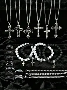 22-Piece Men's Stainless Steel Jewelry Set, Gothic Cross Necklace, Volcanic Stone Bracelet, Stackable Rings, Punk Hip-Hop Style, Perfect Gift