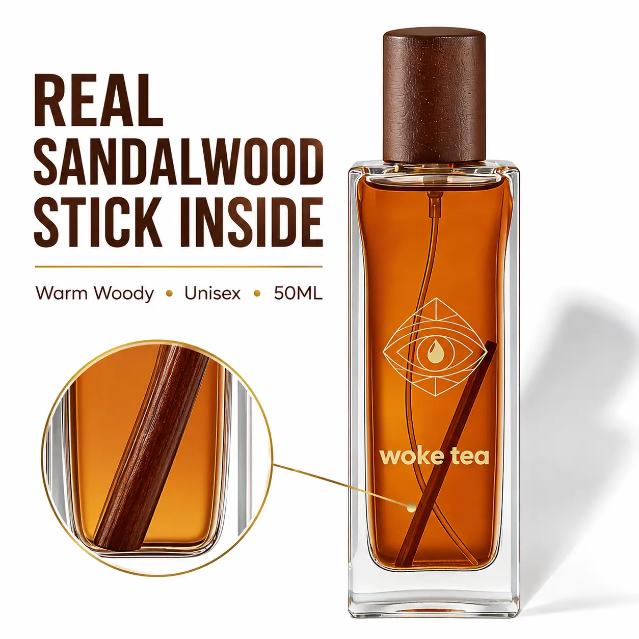 Sandalwood Perfume, Long-Lasting Unisex Perfume, Warm Woody Amber Cozy Scent, Real Sandalwood Stick, EDP, 50ML