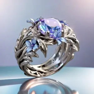 BeiVer Sapphire Blue Floral Vine Ring, Antique-Inspired Bloom Design with Micro-Pave Crystals, Vintage Elegance Jewelry for Women, Hand-Fabricated Stackable Statement Ring