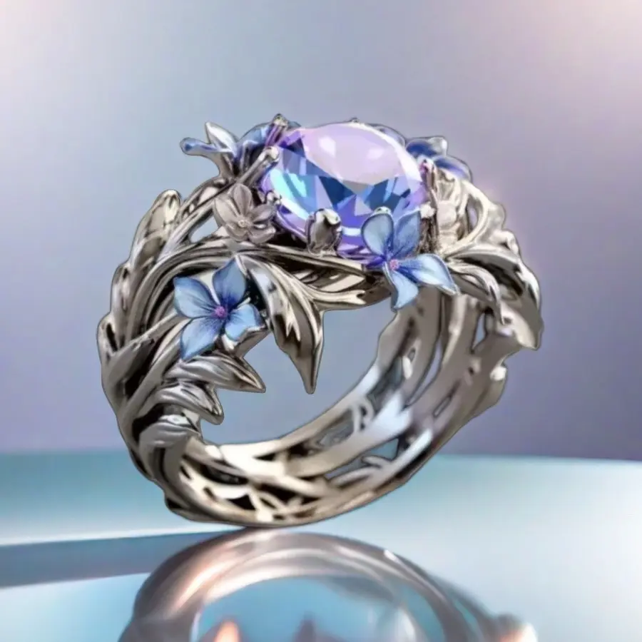 Women's BeiVer Sapphire Blue Floral Vine Costume Ring - Antique-Inspired Bloom Motif, Micro Pave Crystals, Hand-Fabricated, Stackable Statement Accessory, Romantic Gifts for Her, Rings for Women, Ring Stack, Sapphire Rings