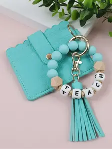Cute Teach Letter Beaded Keychain, Candy Color Silicone Beads with Tassel Design, Card Holder & Key Ring, Perfect Teacher Gift