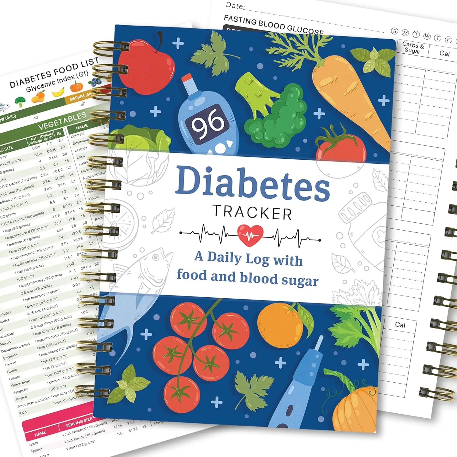 Diabetes Tracker Book with Food List, Diabetes logbook, Low Carb Glycemic Index Serving Size Calories Guide for Effective Management Educational Tool