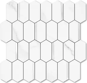 Vamos Tile Long Hexagon Peel and Stick Backsplash Tile - 10 Sheets Stick on Backsplash for Kitchen and Bathroom 12.4 x 12 Inch White Marble Look PVC Mixed Metal Silver Self Adhesive Mosaic Wall Tiles
