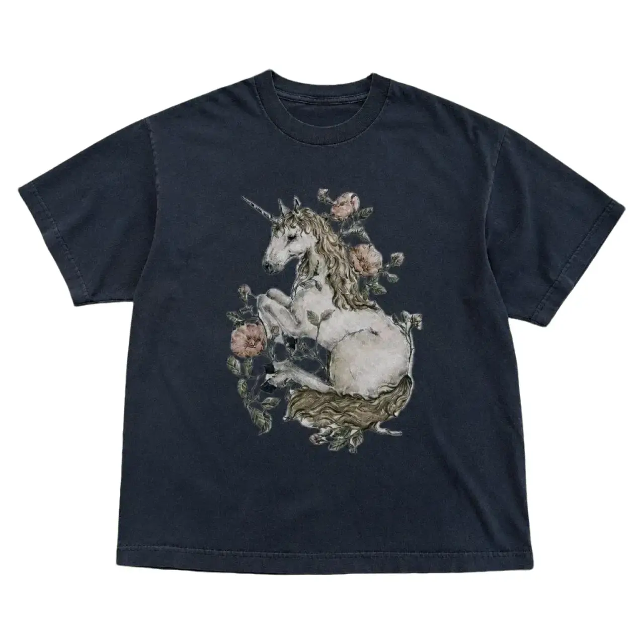 Unicorn Floral Graphic Tee, Y2K Fantasy T-Shirt, Cute Fantasy Animal Shirt, Magical Aesthetic Unisex Cotton Top, Unique Gift