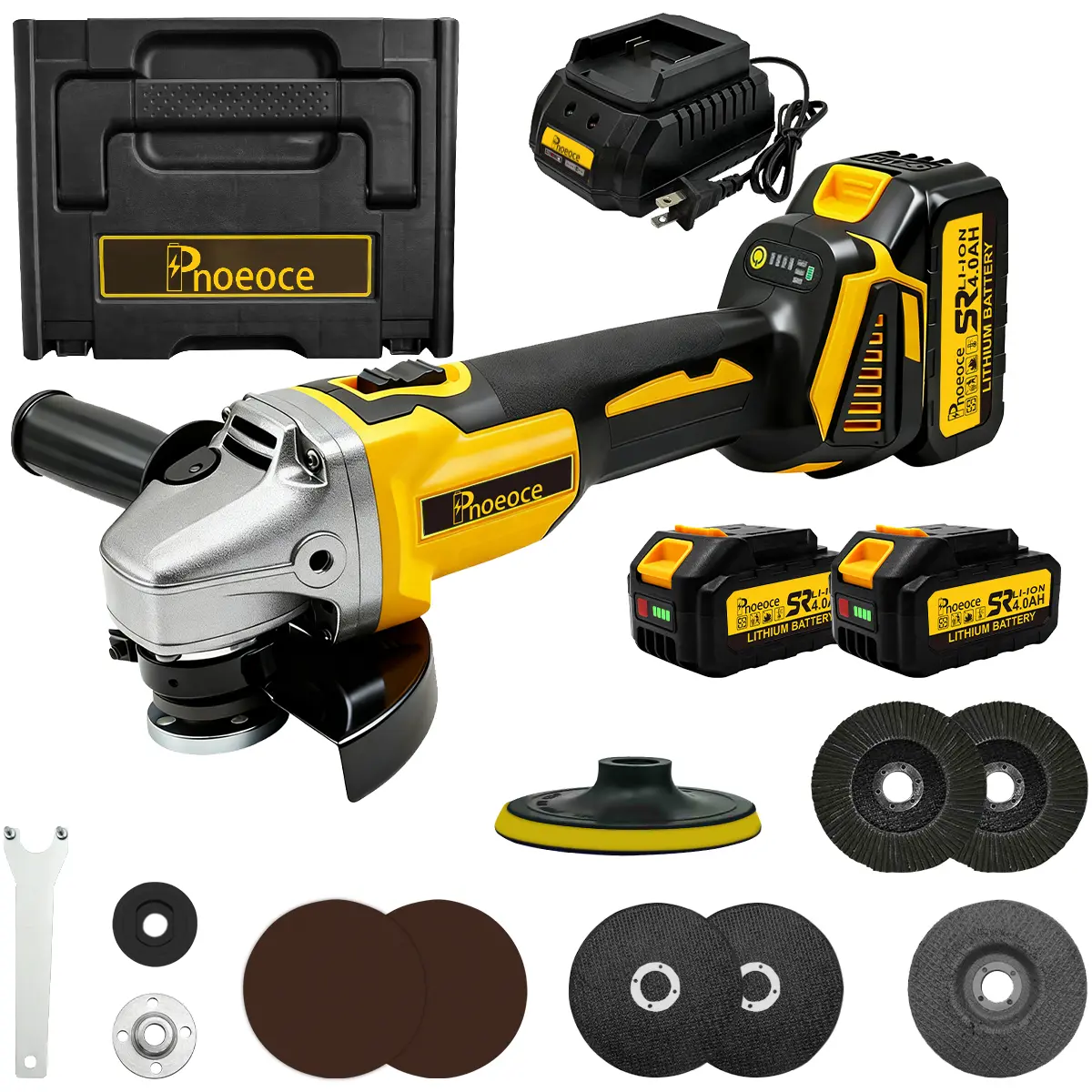Pnoeoce 21V Brushless Cordless Angle Grinder, 4-1/2 Inch 1400W 4 Variable Speeds (Max 9000 RPM) Tool Set with 3pcs 4.0Ah Lithium Batteries, Charger, Cutting/Grinding Wheels, Hard Case for Metal Cutting, Rust Removal, Polishing Wheels