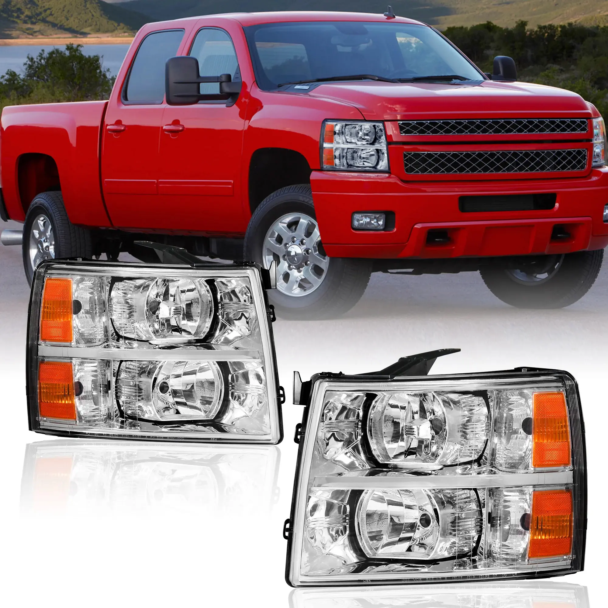 MOSTPLUS Headlight Assembly Compatible with 2007-2013 Chevy Chevrolet Silverado 1500 2500 3500 Front Lamp with Chrome Housing/Clear Lens/Amber Reflector