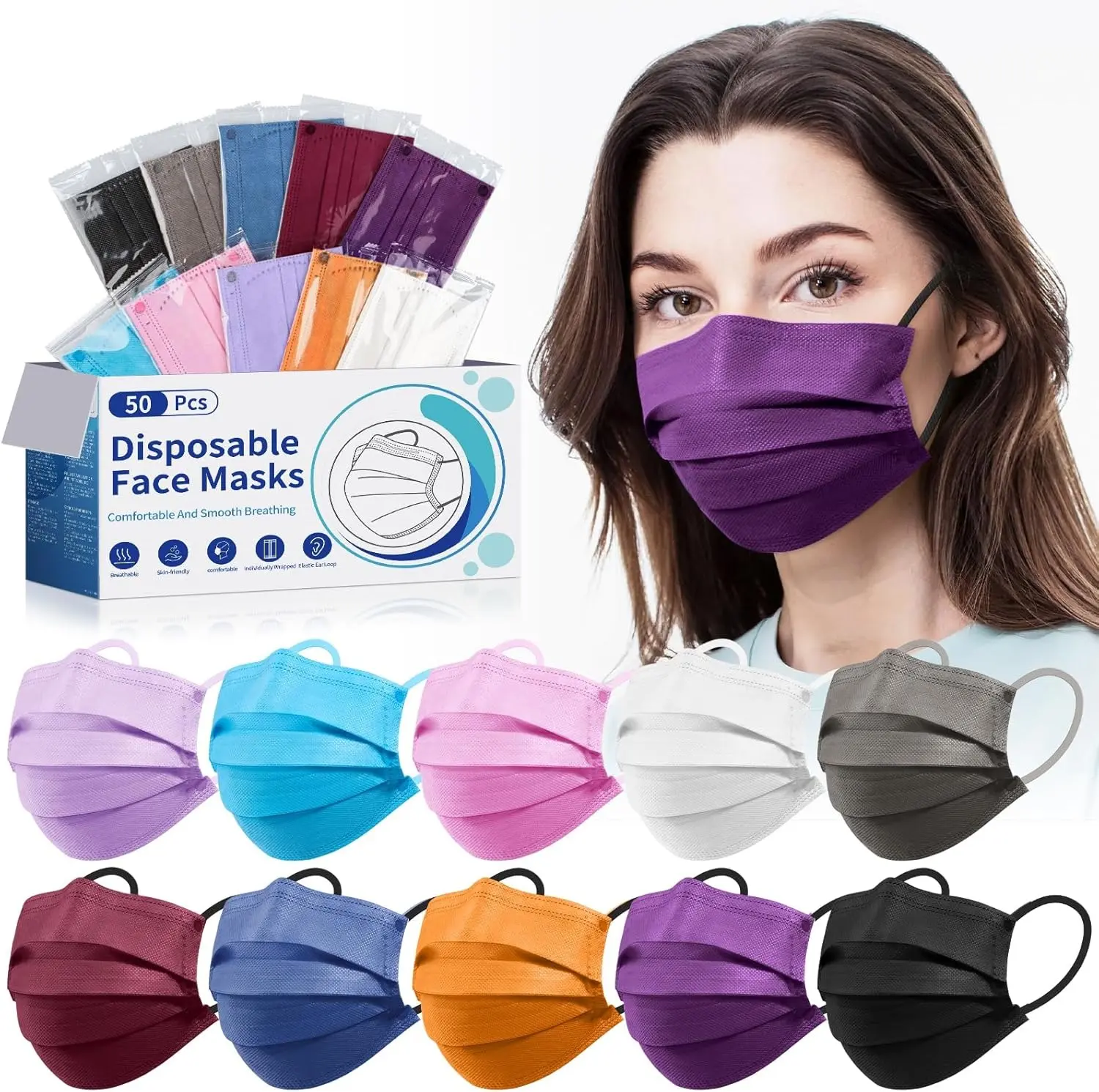 50 Pack 10 Colors Disposable Face Masks for Adults - 4-Ply Breathable Protective Face Cover, Individually Wrapped Comfortable Travel Masks