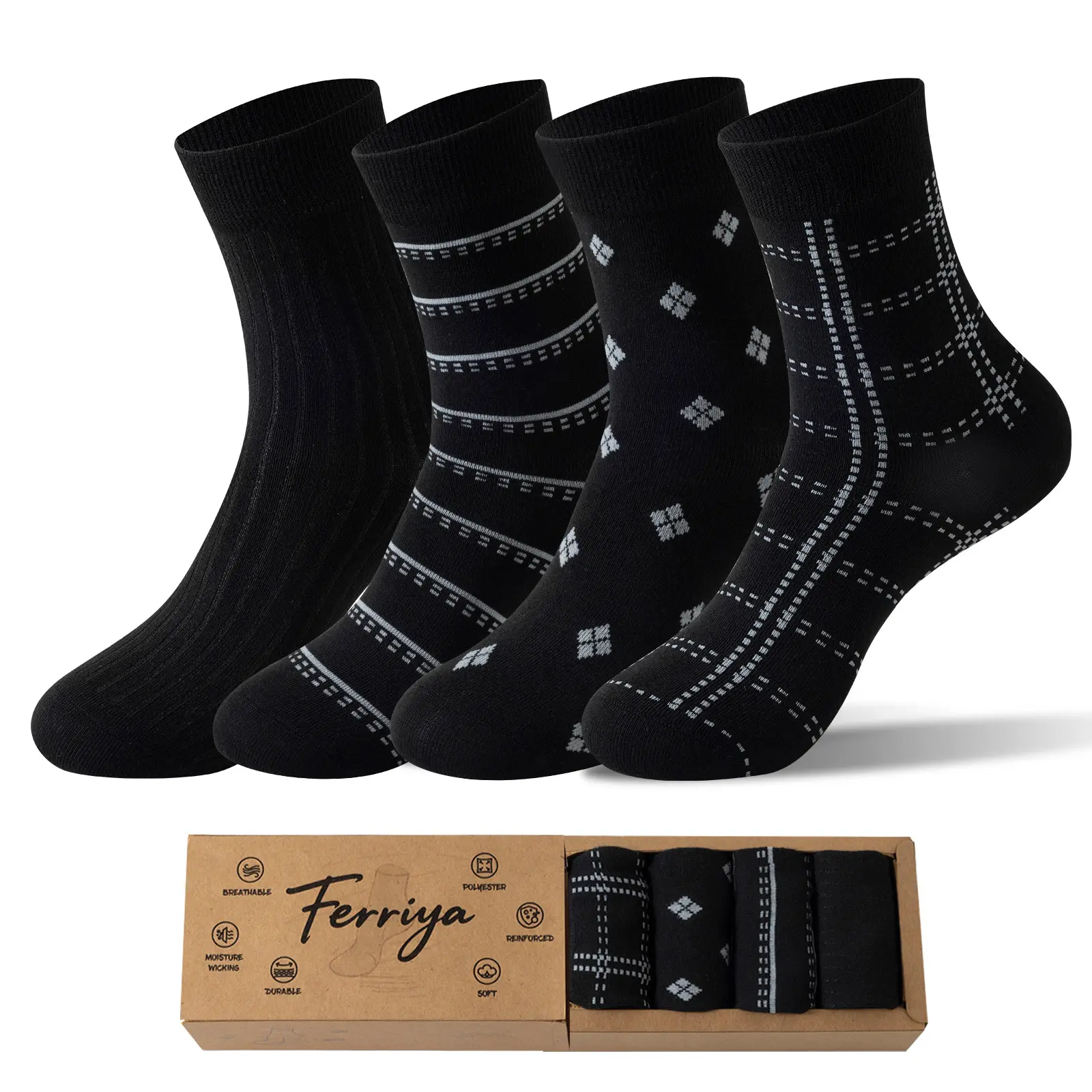 4 pairs of men's business and office socks, seamless toe design, moisture wicking, black socks, diverse designs, comfortable and breathable, suitable for business and leisure occasions as well as daily wear, Father's Day gifts, birthday gifts