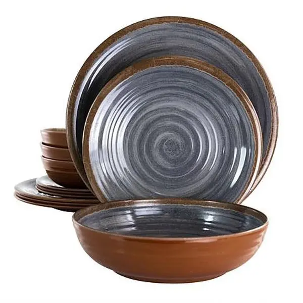 Elama Stone Oak 12-Piece Lightweight Melamine Dinnerware Set in Black Elama Stone Oak 12-Piece Lightweight Melamine Dinnerware Set in Black