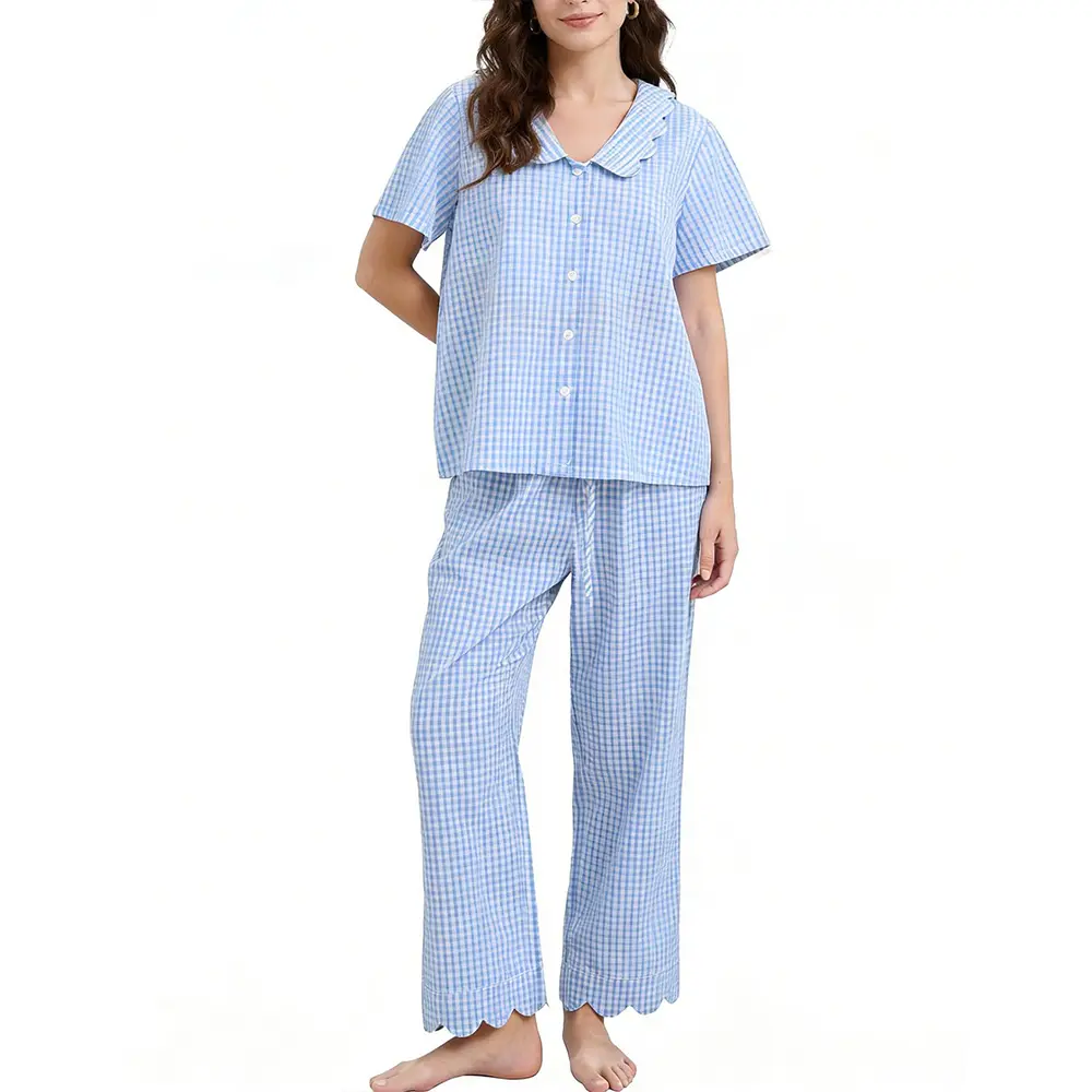 Arssm Womens Gingham Pajama Set Cotton 2 Piece Plaid Scalloped Edge Shirt Top Pants Sleepwear
