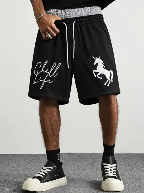 Mens Double Waist Athletic Shorts Faux Layer Contrast Waist Drawstring Gym Shorts Graphic Embroidered Print Casual Basketball Shorts Streetwear Shorts Summer Workout Running Lounge Loose Fit Hip Hop Shorts for Men Teen Boys Everyday Activewear Soft Shorts