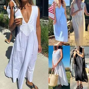 #TikTokShopBacktoSchool Women Summer Tank Dress Sleeveless Deep V Neck Trendy Floral Eyelet Beach Long Dress