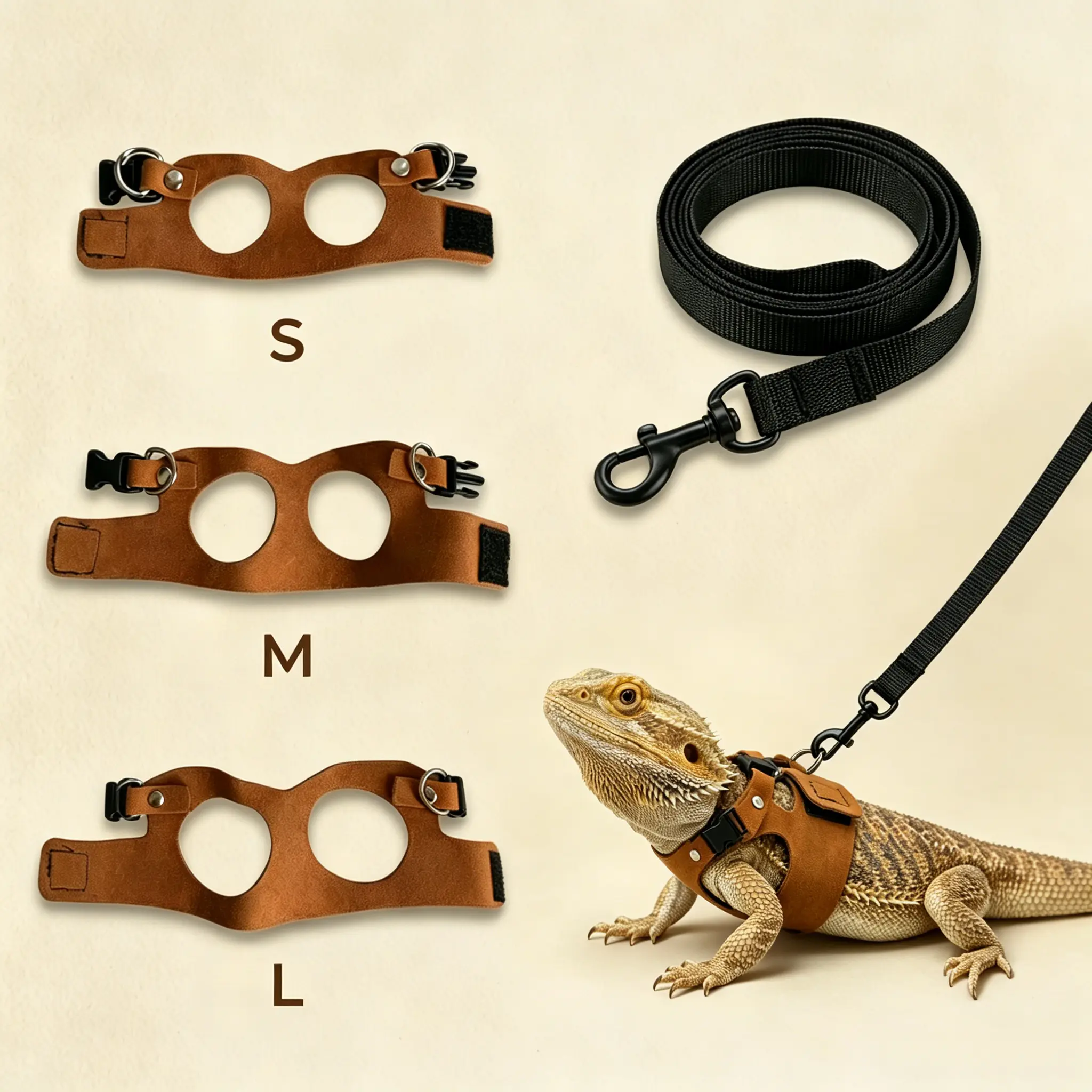 Reptile Harness & Leash Set - 3-Size Pack, Adjustable Soft Microfiber Suede Leather with Hook-and-Loop Design, Standard & High-End Models, Large No-Pull Full Protection Outdoor Harness for Bearded Dragon Training, No Pull Harness, Universal Harness