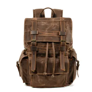 Vintage backpack for men and women, beeswax canvas travel laptop bag, outdoor casual crazy horse leather hiking bag