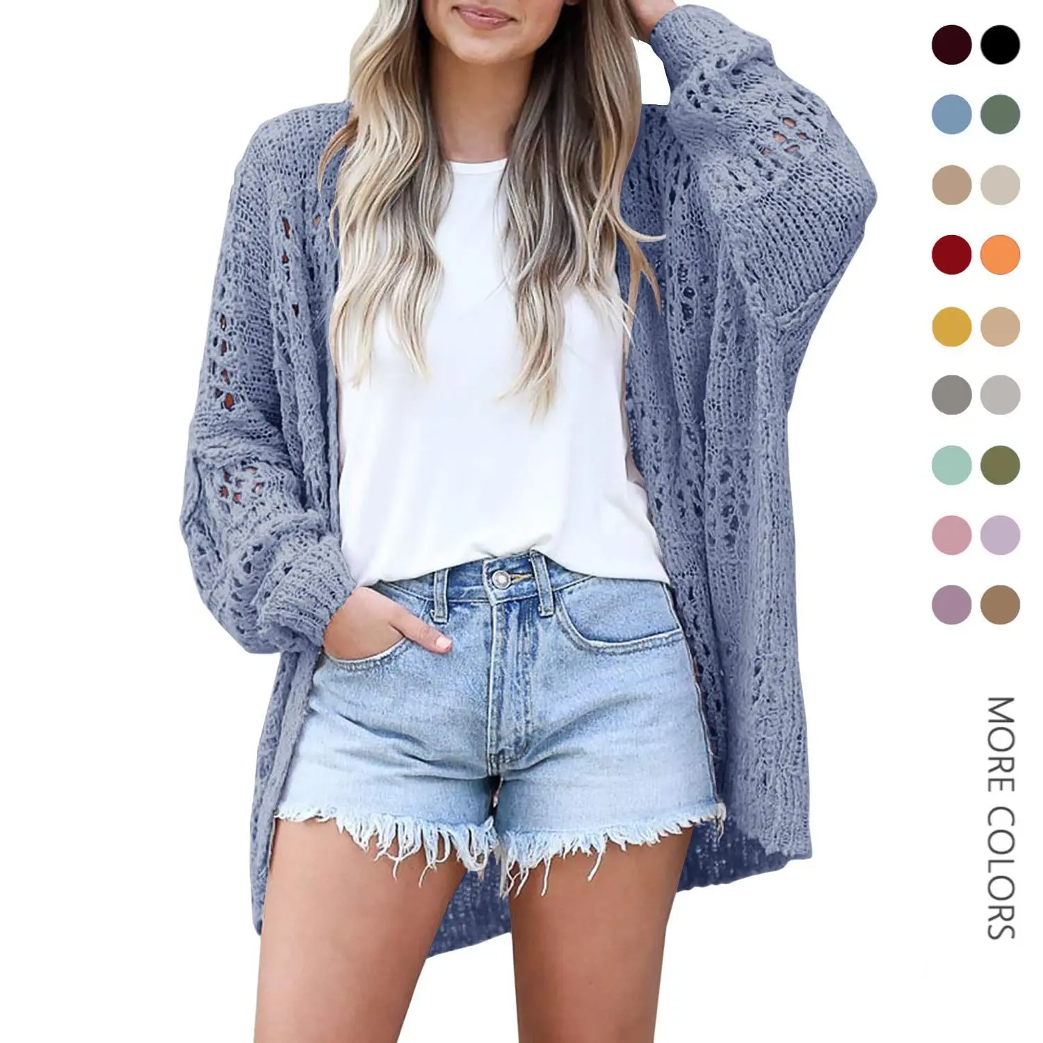 Women's Plus Size (XS-3XL) Oversized Length Open-Front Cardigan - Boho Casual, Batwing Long Sleeves, Drop Shoulder, Lightweight Solid Breathable Summer Crochet Knitwear with Tee-Inspired Fit Top