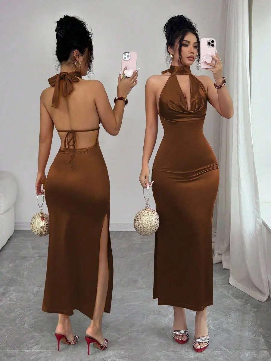 Women's Backless Tie-Up Sexy Satin Stand Collar Dress