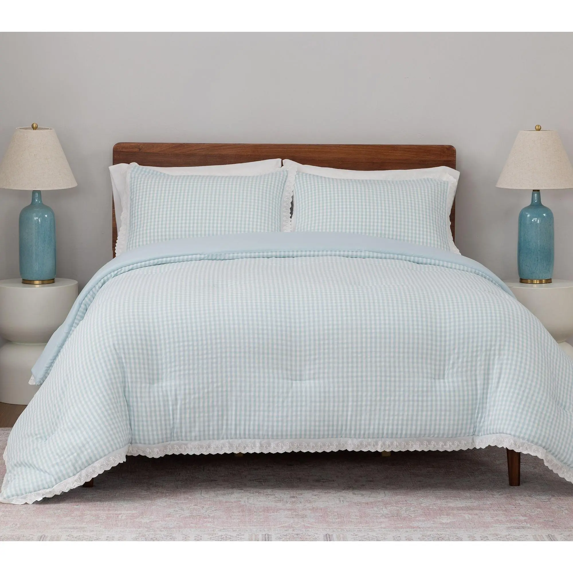 Berkshire Gingham Comforter & Sham Set with Lace Trim-Queen