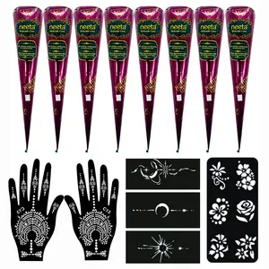 Neeta Natural Henna Cones Kit with Stencils, Plant-Based Mehendi Paste, Chemical Free Temporary Tattoo DIY Body Art Set for Women & Girls - Multiple Pack Options