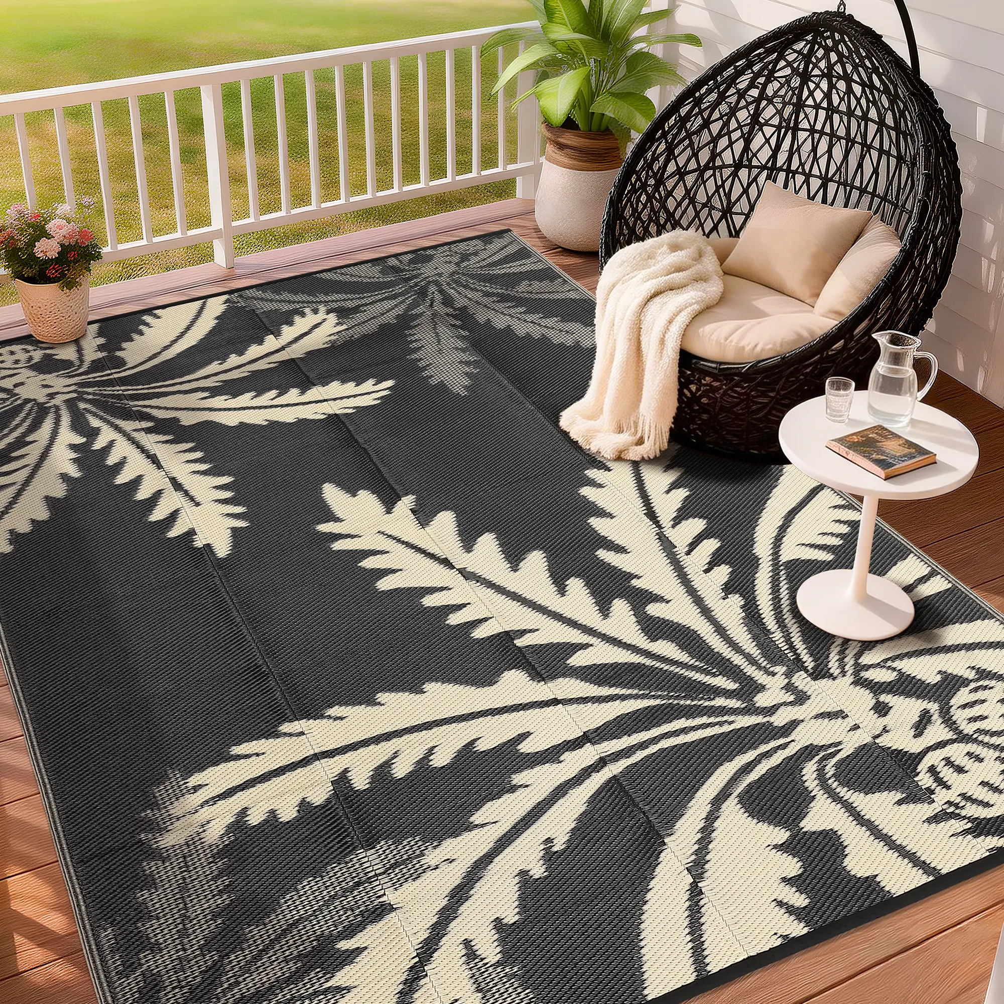 Waterproof Outdoor Carpet Coconut Tree Print Outdoor rug Double-sided Plastic Straw Rug Large Size Foldable UV Resistant for Camping RVs Pools Beaches Patios and Gardens waterproof patio rug