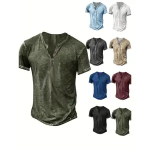Men's Distressed Henley Shirt - Slim Fit Short Sleeve Button-Up Cotton T-Shirt with V-Neck & Placket Detailing, Machine Washable Casual Shirt in Olive Green, Black, Blue, Burgundy, Sporty Apparel |   Athletic Style |   Comfortable Tee