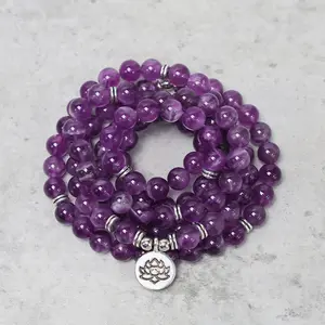 Sofia 108 Mala Beads Natural Amethyst Stone Bracelet Purple Crystal Wrap Bracelet 8mm Gemstone Mala Bracelet Necklace Boho Style for Daily Use Handmade Gift