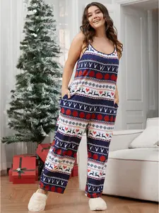 BLOOMCHIC Plus Size Elk Snowflake Print Pocket Pajama Jumpsuit Overalls - Spandex Fabric Clothes with Sleeves, Strap Detail, Fit Sizes , [M-6X]2026 Summer Vibes Fit Garment Swimweek, Women, Plus Size Overalls,Spotlight,Summer wins,Deals for you days