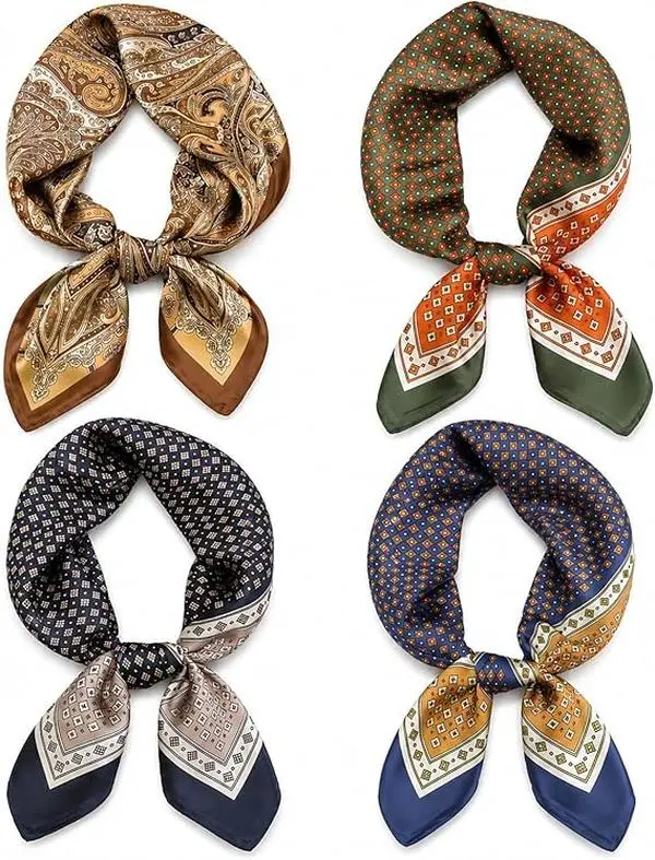 4PCS Neck Scarf Bandanas for Men and Women, Silk Feeling Head Scarfs, Fashion Neckerchief Square Purse Scarf