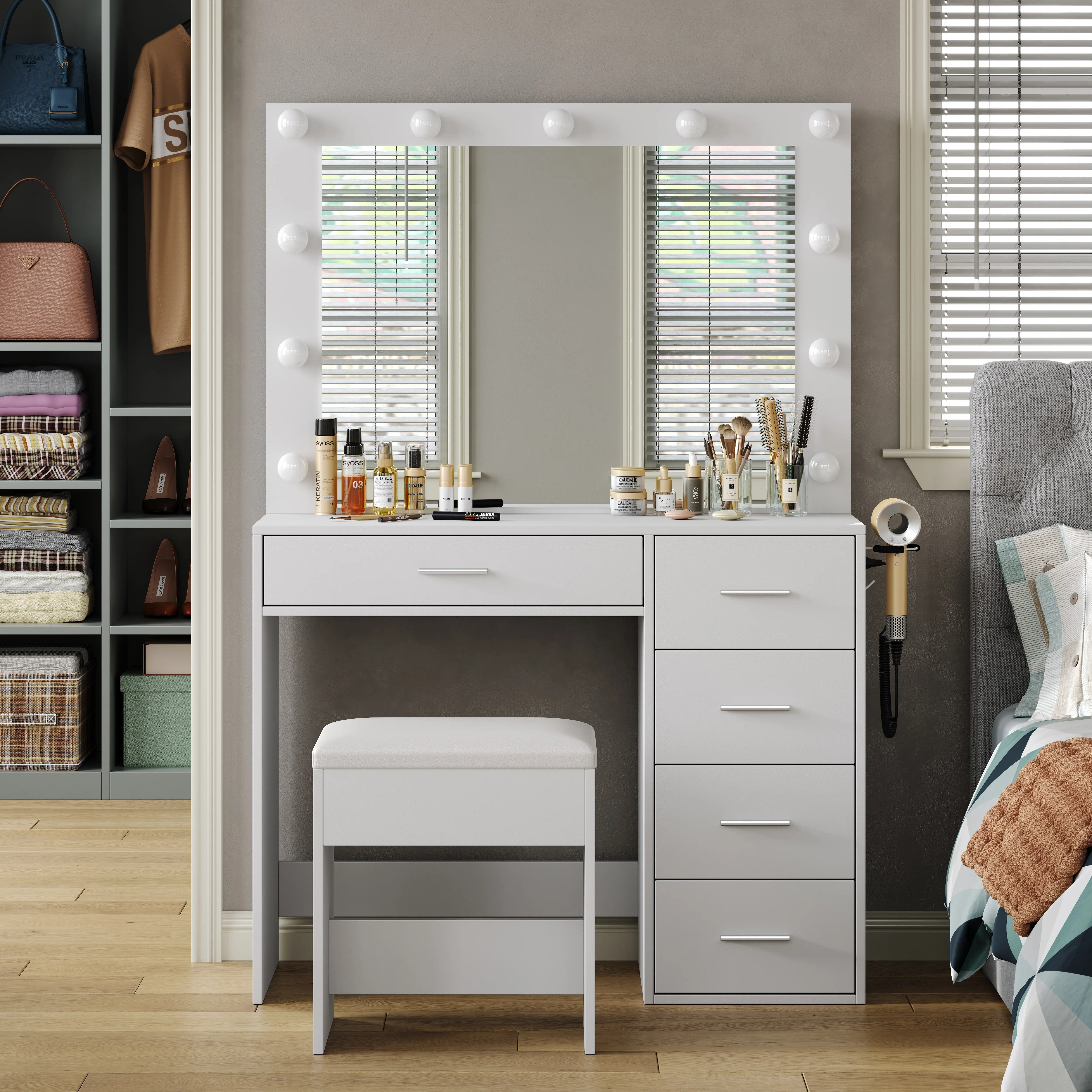 FUSOU 37"W 5 Drawers Vanity Desk with Power Outlet, Makeup Table with Lighted Mirror, 3 Color Lighting Modes,Vanity Table Dressing Table Set tabitha modern power outlet,Deals For You Days