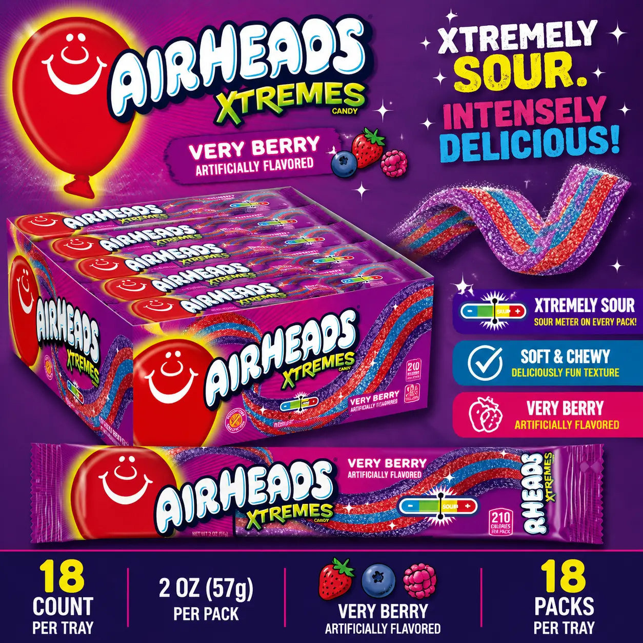 Airheads Xtremes Very Berry Special Edition 2 oz 18 Count  Sweet & Sour Candy Belts | Soft Chewy Berry Strips