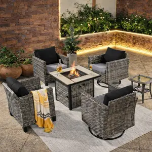 【Summer Vibes】Ovios Vultros 6-Piece Outdoor Patio Conversation Set with 30” Propane Fire Pit Table & 2 Swivel Rocking Chairs & 2 Single Chairs, All-Weather Wicker Furniture for Backyard Patio Deck