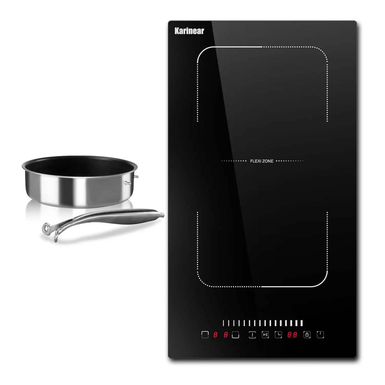 Karinear 3500W Built-in Double Burner Induction Cooker - 220-240V Modern Kitchen Appliances, 20.8x11.6 Inch, Touch Controls, Child Safety Lock, 99-Minute Timer, Cast Iron Pot, Cleaning Scraper (No Plug)