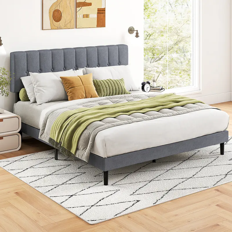 Sweetcrispy Full Sized Bed Frame with Adjustable Foam Padded Headboard, Reinforced Metal and Wood Build, 800LBS Sturdy Wooden Slat Support, 6-14" Mattress Fit, Noise-Free, Easy Assembly, No Box Spring Needed for Modern Bedrooms, Adjustable Headboard