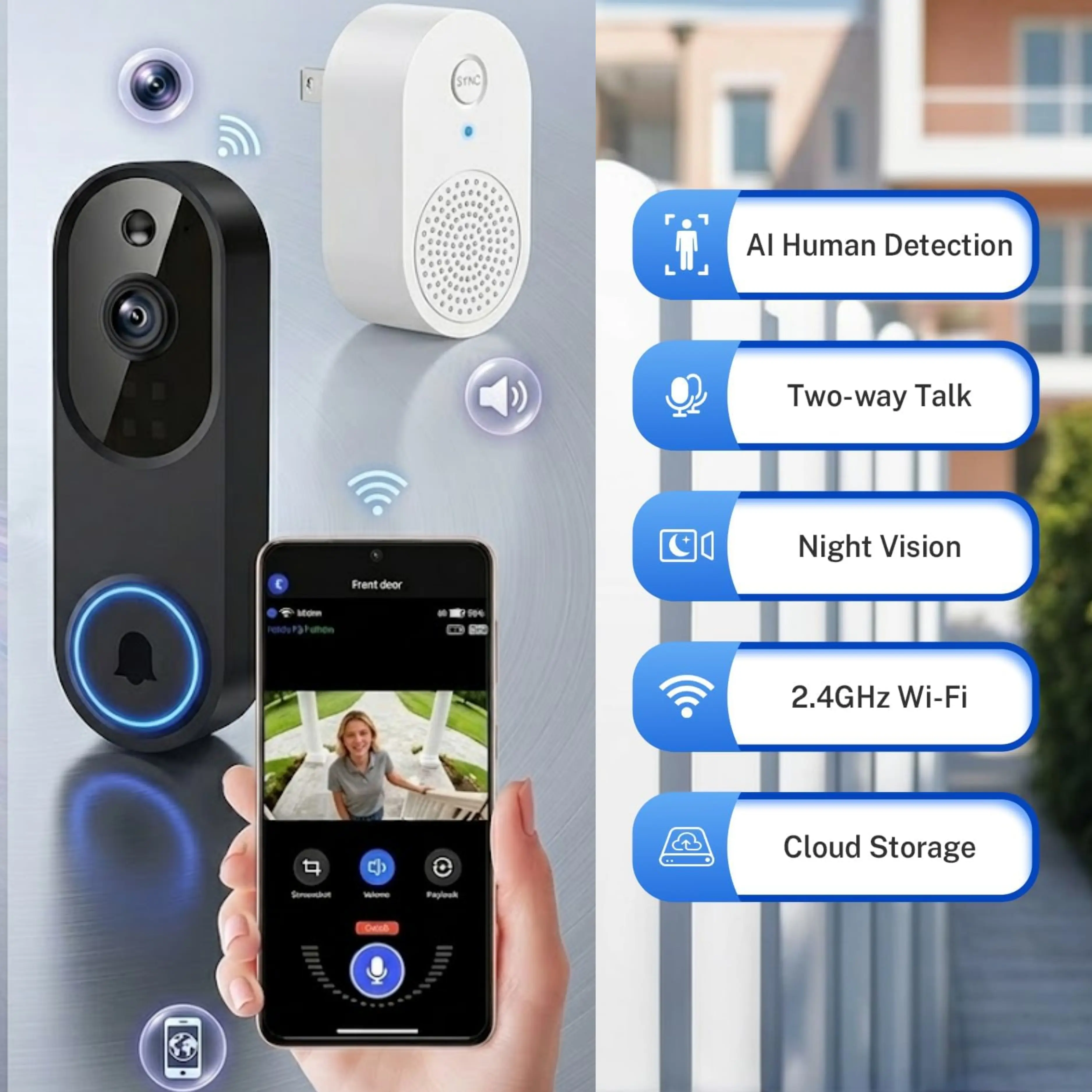 1080P Smart Wireless Video Doorbell Camera - Wireless Doorbells for Home with 2-Way Audio, Night Vision, AI Motion Detection, 2.4GHz WiFi, Cloud Storage Home Security System