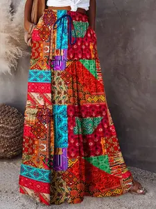 Boho Patchwork Print Cake Dress High Waist Drawstring Pockets Vacation Style Long Skirt, Women's Casual Summer Fashion