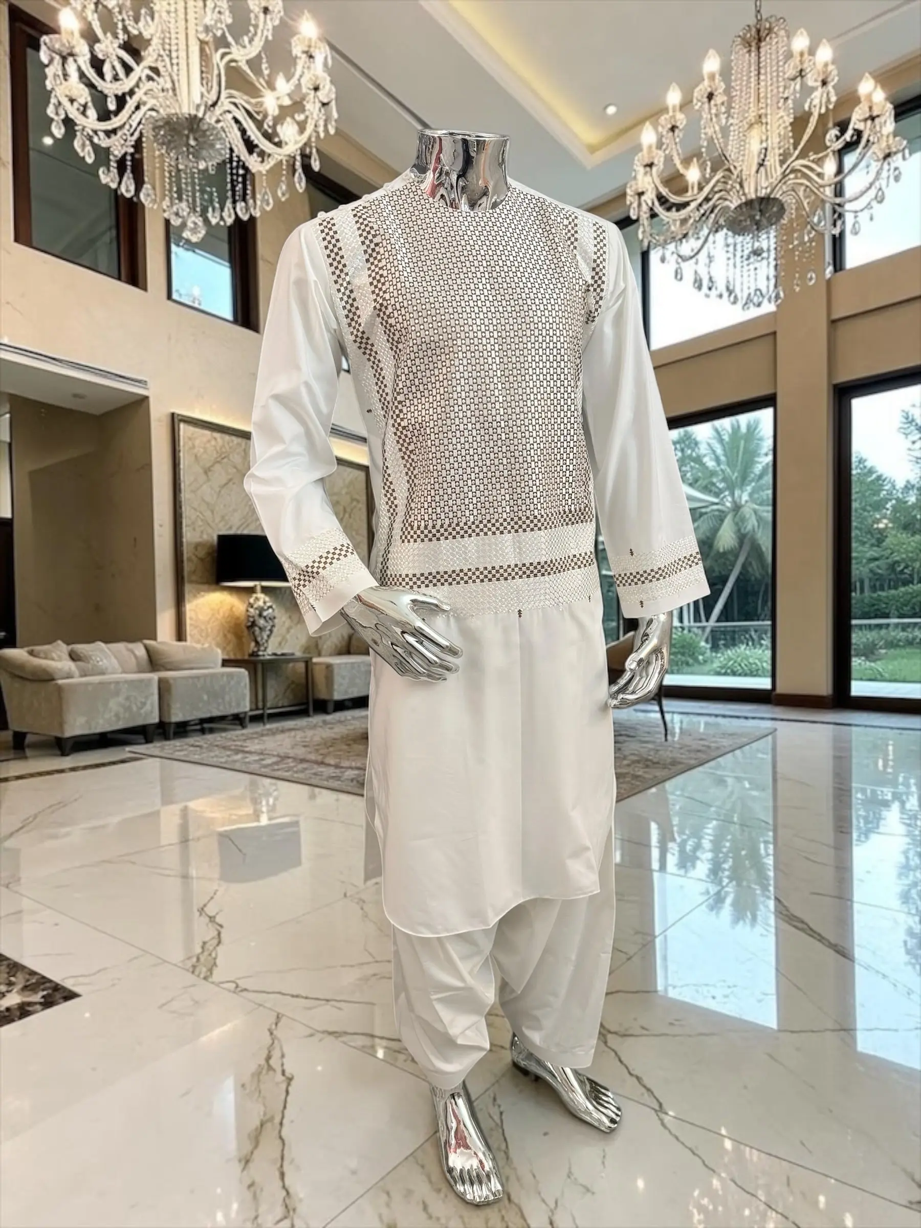 Small Off White Machine Embroidery Yakhan Parahan Tunban – Premium Afghan Traditional Outfit