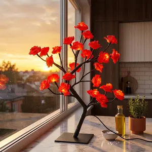 24 LED Red Rose Tree Lamp, USB Powered Fairy Light Tree, Tabletop Rose Lamp with Bendable Branches, Romantic Decorative Table Lamp for Bedroom Living Room Wedding