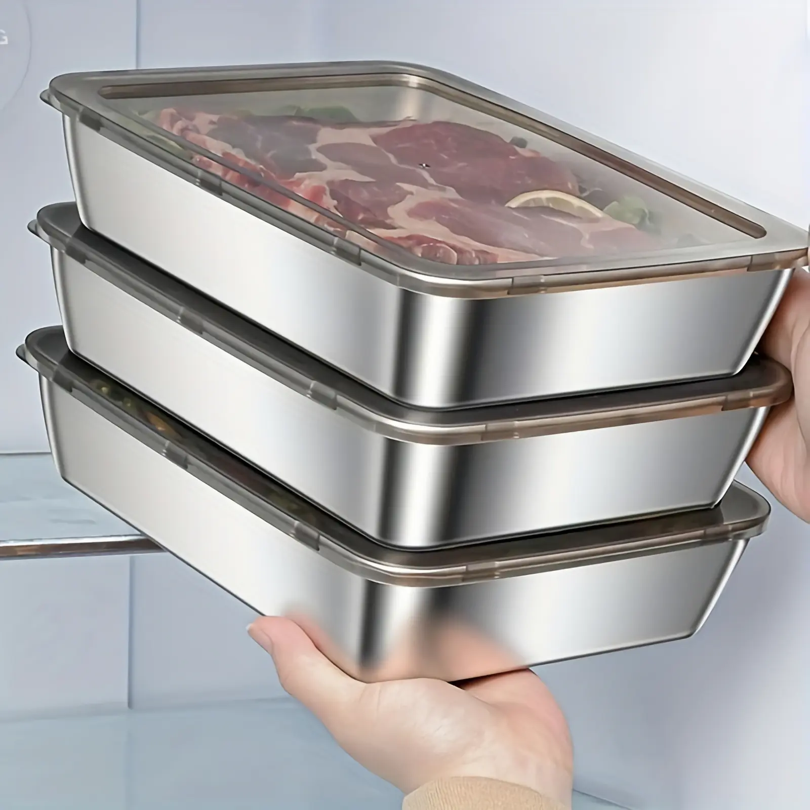 3 Sets Leak-Proof Stainless Steel Food Storage Containers - BPA-Free, Reusable Snack Box, Stackable, Durable Airtight Kitchen Gadgets for Meal Prep, Fruit, Meat, Easy to Clean, Modern Design, Refrigerator Use, Airtight Bento Boxes