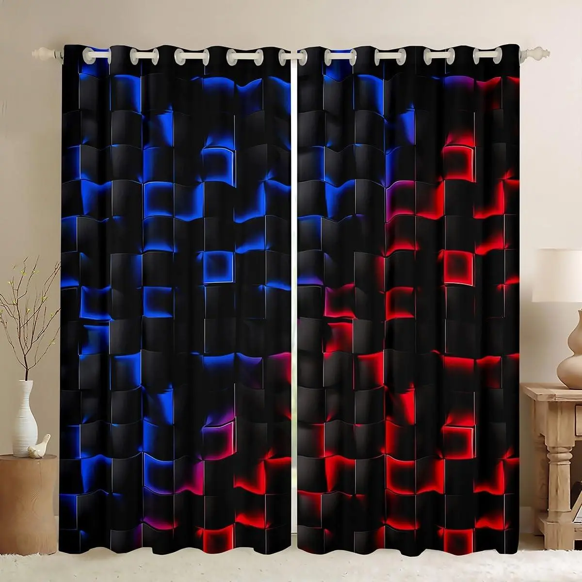 Geometric Checkered Window Curtains Neon Red Blue Blackout Curtains for Kids Boys Gamer Room Decor,Abstract Ombre Plaid Grids Window Treatments Drapes Black 2 Panels